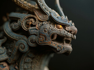 Fototapeta premium A majestic stone guardian beast with intricate ancient carvings glows with golden eyes against a dark, misty backdrop.