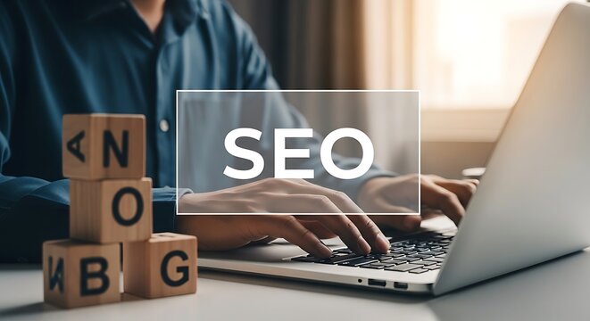 Seo optimization concept with person working on laptop