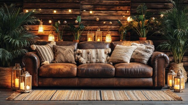 Cozy leather sofa with decorative pillows and illuminated lanterns in rustic setting