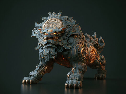 A majestic stone guardian beast with intricate ancient carvings glows with golden eyes against a dark, misty backdrop.