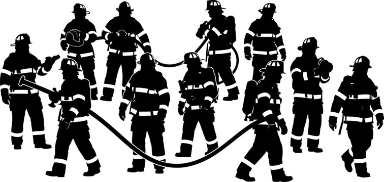 Professional firefighter silhouettes vector illustration set featuring emergency responders in protective gear with fire hoses isolated on white background