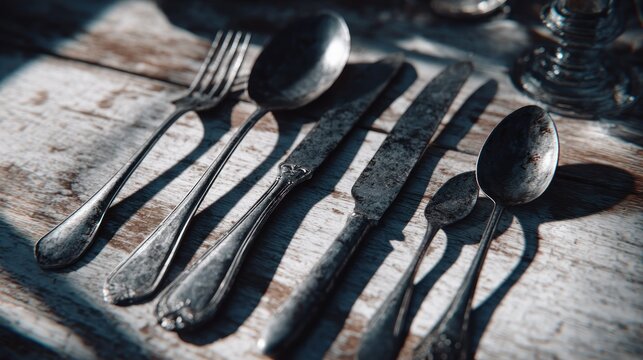 Close up of vintage silverware arrangement on a weathered wooden surface