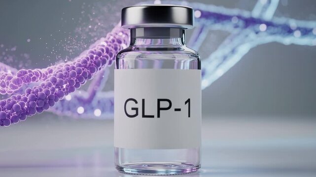 Futuristic laboratory showcasing advanced GLP 1 medication with glowing DNA strands and high tech medical innovation