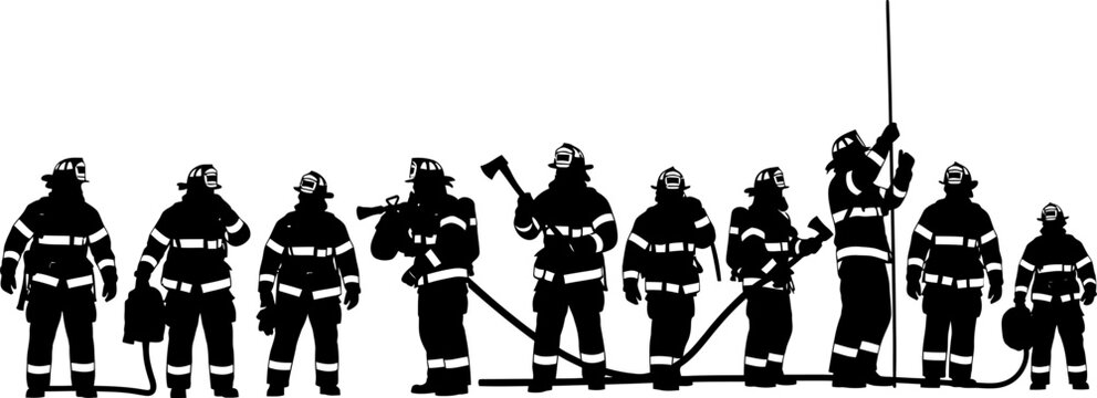 Professional firefighter team silhouette vector illustration featuring rescue workers in protective gear with axes hoses and emergency equipment tools