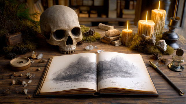 Mystical still life with human skull candles and open sketchbook on wooden table with crystals and vintage objects