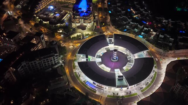 Aerial View of Costa Adeje Luxury Shopping and Elite Resorts at Night; Tenerife South Real Estate Investment and High End Urbanization; Plaza del Duque Night Lights