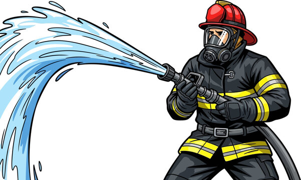 Professional firefighter in protective gear spraying water from a high pressure hose vector illustration on white background