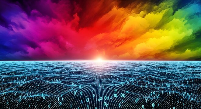 Surreal Digital Landscape with Binary Numbers and Compiler Color Sky