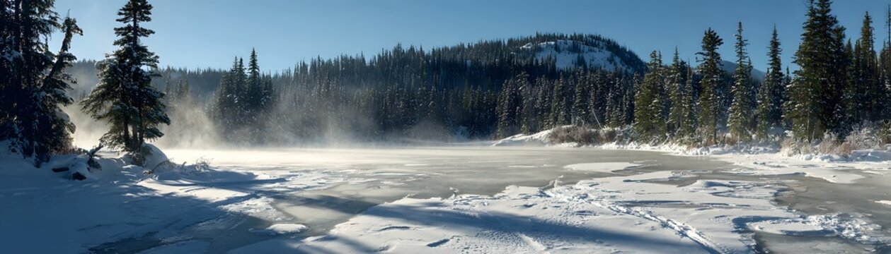 A serene winter landscape showcasing a frozen lake surrounded by snow-covered trees and mist rising from the icy surface under a clear blue sky, perfect for capturing nature's beau