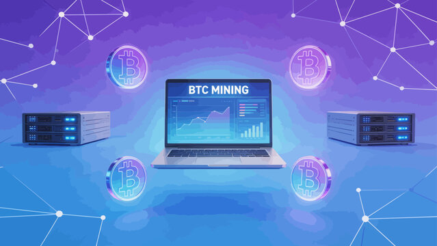 Bitcoin mining setup with laptop and servers