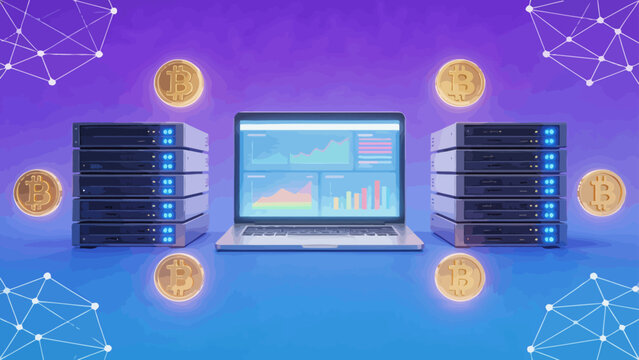 Laptop with server stacks and Bitcoin symbols