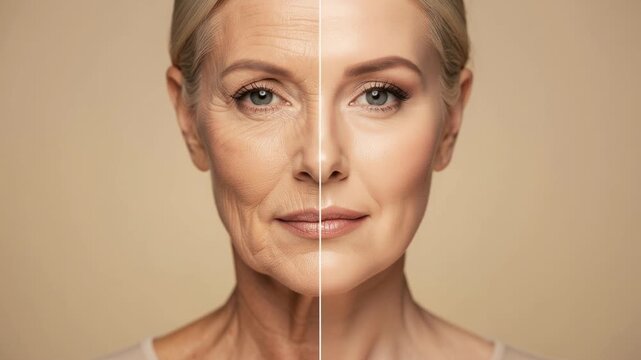 Seamless transformation video showing a woman reversing aging revealing youthful glowing skin