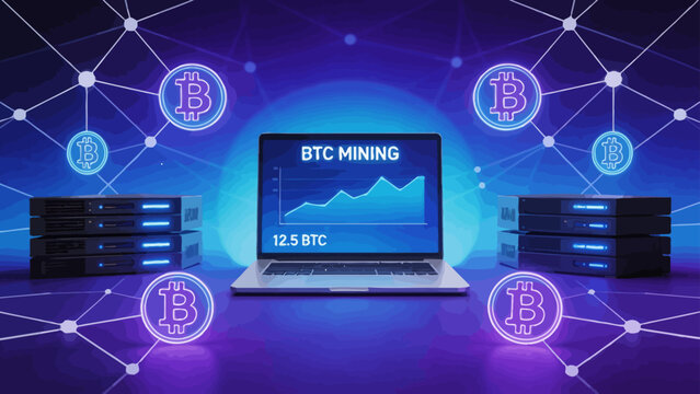Bitcoin mining setup with laptop and servers