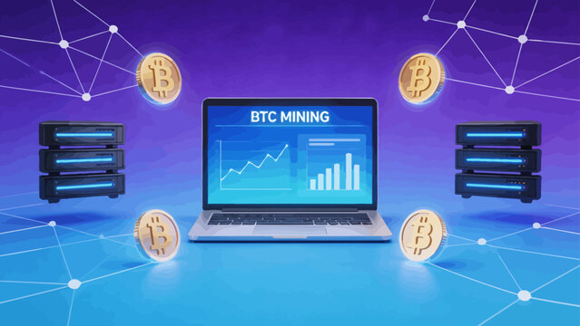 Bitcoin mining setup with laptop and servers