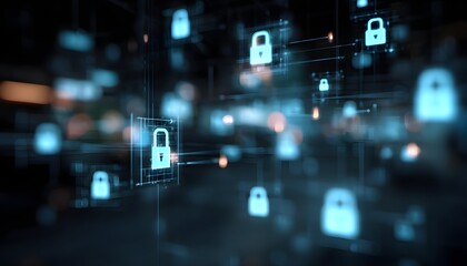 Fototapeta premium A visually captivating digital illustration featuring interconnected security locks symbolizing cybersecurity and data protection in a networked environment.