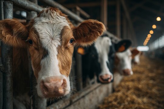 Cows inside barn looking toward camera in livestock setting