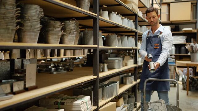 Professional worker in an apron using a handheld barcode scanner to check inventory of galvanized metal pots on shelves in a rustic warehouse or small business shop for inventory management.
