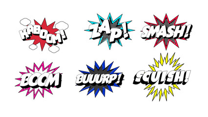 Obraz premium PNG image of&nbsp;Colorful comic book style speech bubbles with dynamic action sound effects displayed as a collection on transparent background