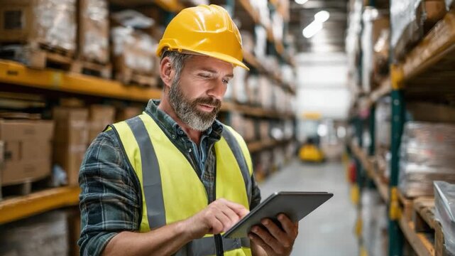 Warehouse Inventory: A focused worker, adorned with a safety vest and helmet, meticulously checks inventory using a tablet in a bustling warehouse.