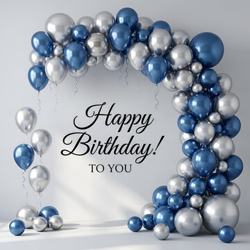 Elegant happy birthday balloon arch in blue and silver colors elegant celebratory decor for event
