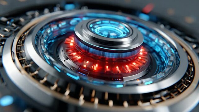 Futuristic Technological Core: Close-up of a high-tech machine, showcasing the intricate details of its futuristic design, with vibrant lighting effects adding to the scene's dynamic energy.