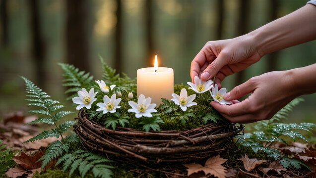 Mystical spring altar with burning candle and female hands for May Day celebration