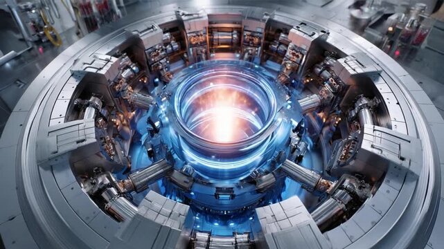 Fusion Reactor: A state-of-the-art fusion reactor, radiating intense energy, symbolizes the promise of a sustainable energy future, intricate machinery within a futuristic setting. 