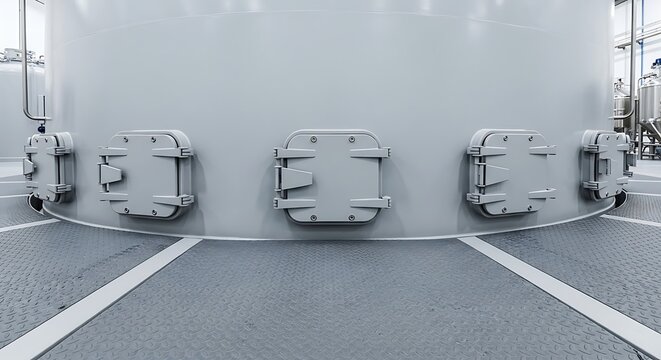 Close-up view of a cylindrical industrial structure with access hatches and markings.