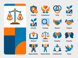 Fototapeta premium Human Core Values and Business Ethics Icon Set - Flat Vector Symbols of Integrity, Compassion, Unity, Growth, Honesty, Respect, Wisdom, and Fairness