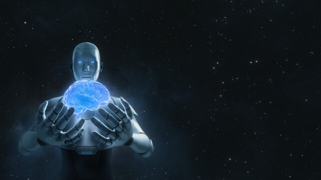 Robot holds glowing brain, showing technology and artificial intelligence control mind concept.