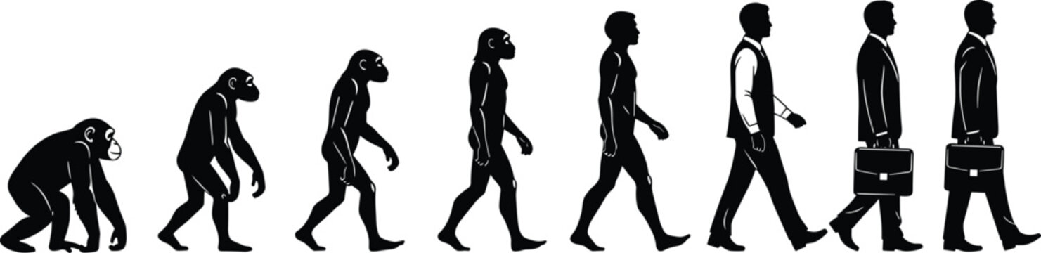 Evolution of Man Illustration from Ape to Professional Businessman Carrying a Briefcase Representing Human Growth Success and Corporate Development
