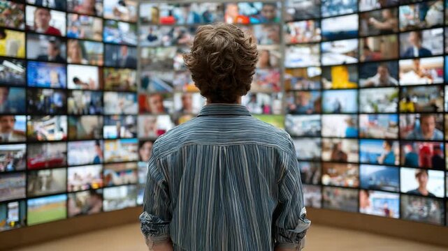 Multimedia Observation: A solitary individual stands before an expansive display of multimedia screens, absorbed in the ever-evolving world of visual information.