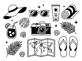 Obraz premium Summer Travel and Beach Vacation Icons Set - Minimalist Black and White Line Art Illustrations of Camera, Sunglasses, Map, Hat, and Tropical Elements