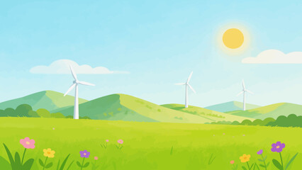 Wind turbines in green field © KY