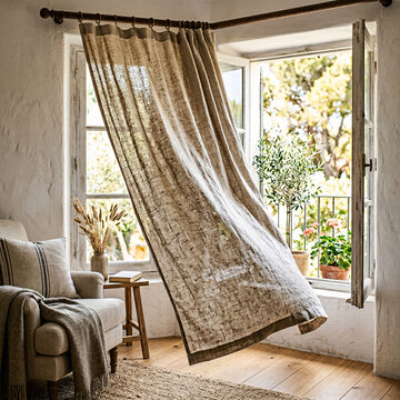 Cozy living room interior with curtain blowing in the wind