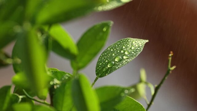Close-up of raindrops falling onto fresh green leaves of a mandarin tree.