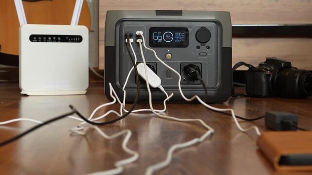 Close up of multiple cables connected to portable power station with slight zoom movement. Concept of charging several devices, energy distribution and backup electricity usage.