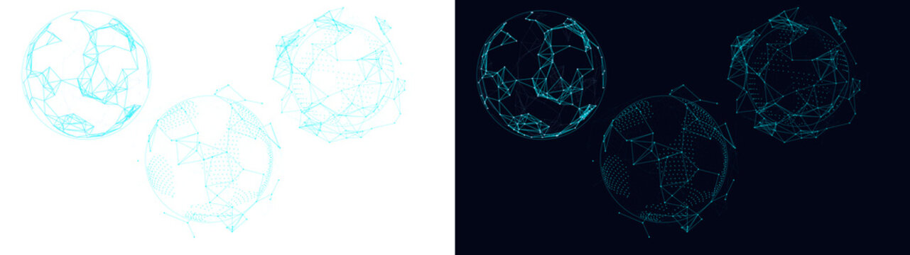 PNG image of Three interconnected digital spheres showing complex geometric data networks with glowing light blue connections on transparent background