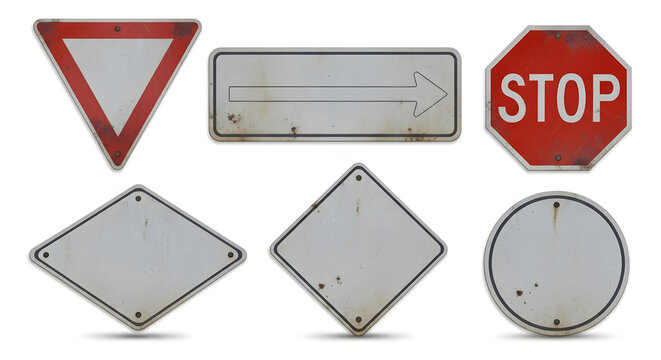 Set of weathered road signs on white background. Generative AI