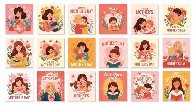 Collection of Mothers Day greeting cards featuring loving mothers and children flat illustration style for celebration