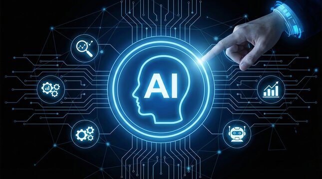 Hand tapping digital AI hologram interface for artificial intelligence business process automation data analysis autonomous workflow orchestration and futuristic technology innovation concept