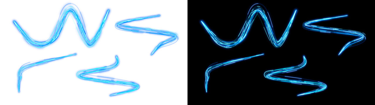 PNG image of&nbsp;Glowing blue neon light streaks shaped like abstract energy waves and curves isolated as a design element on transparent background