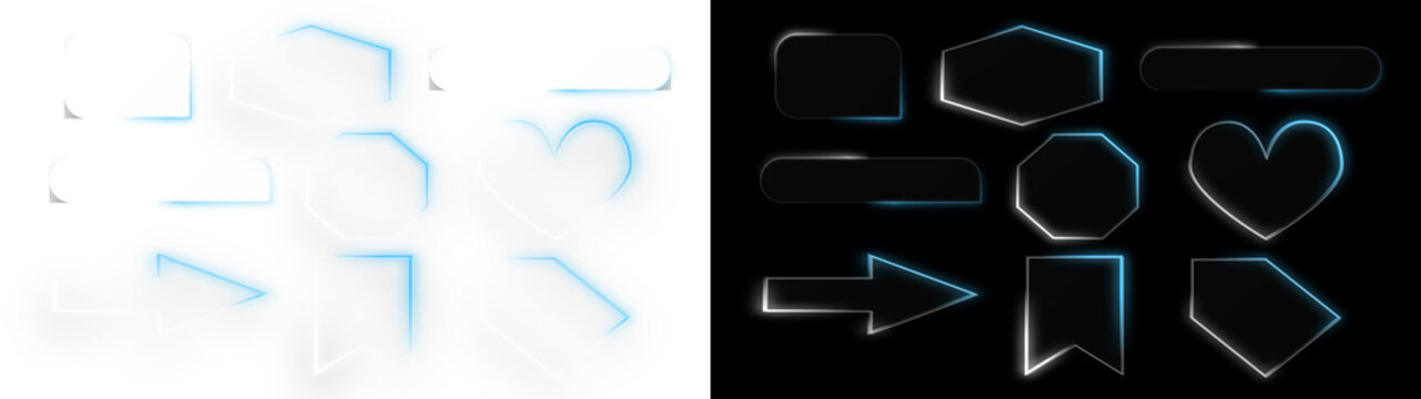 PNG image of&nbsp;A dynamic set of futuristic glowing neon outlines, abstract geometric shapes, buttons, and decorative elements on transparent background.