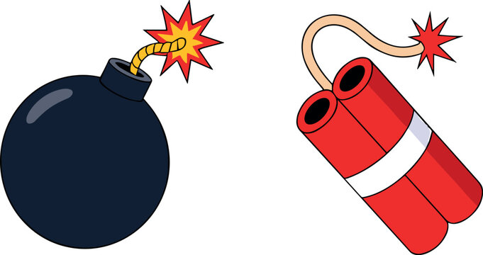 Explosive Bomb and Dynamite Icon Set with Burning Fuse Cartoon Style for Danger Warning Explosion Risk and Emergency Concept Designs