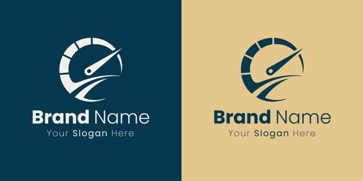 A dynamic logo featuring a stylized speedometer or performance gauge.