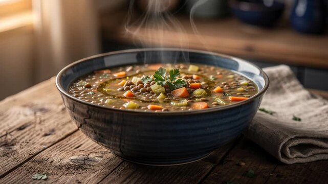 Steaming bowl of hearty lentil soup with fresh carrots and celery on rustic wooden table