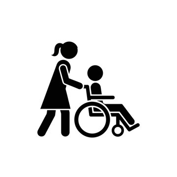 Black silhouette of a woman pushing a child in a wheelchair