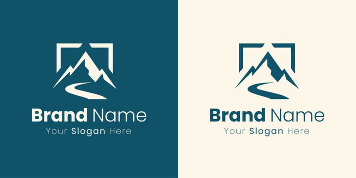A contemporary square logo featuring mountains and a winding river or road.