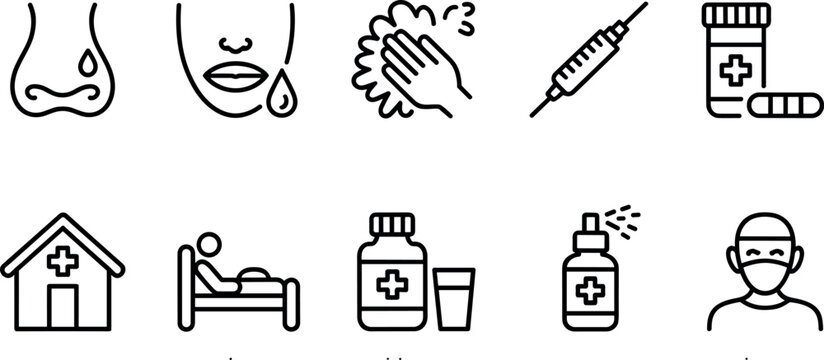 Medical and healthcare line icon set featuring flu symptoms, hygiene, vaccination, pharmacy medicine, hospital clinic, patient care, nasal spray, and surgical mask for pandemic prevention.