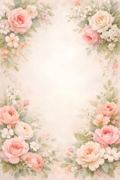 Elegant Vintage Watercolor Floral Book Cover Frame with Pastel Pink Roses and Greenery Delicate Flower Border with Central Copy Space for Romance Novel Poetry Memoir or Wedding Journal Layout